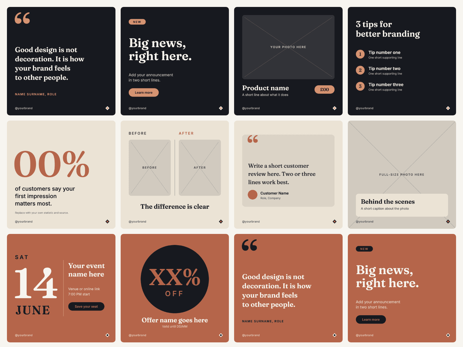 Twelve sample posts from the Social Media Template Pack